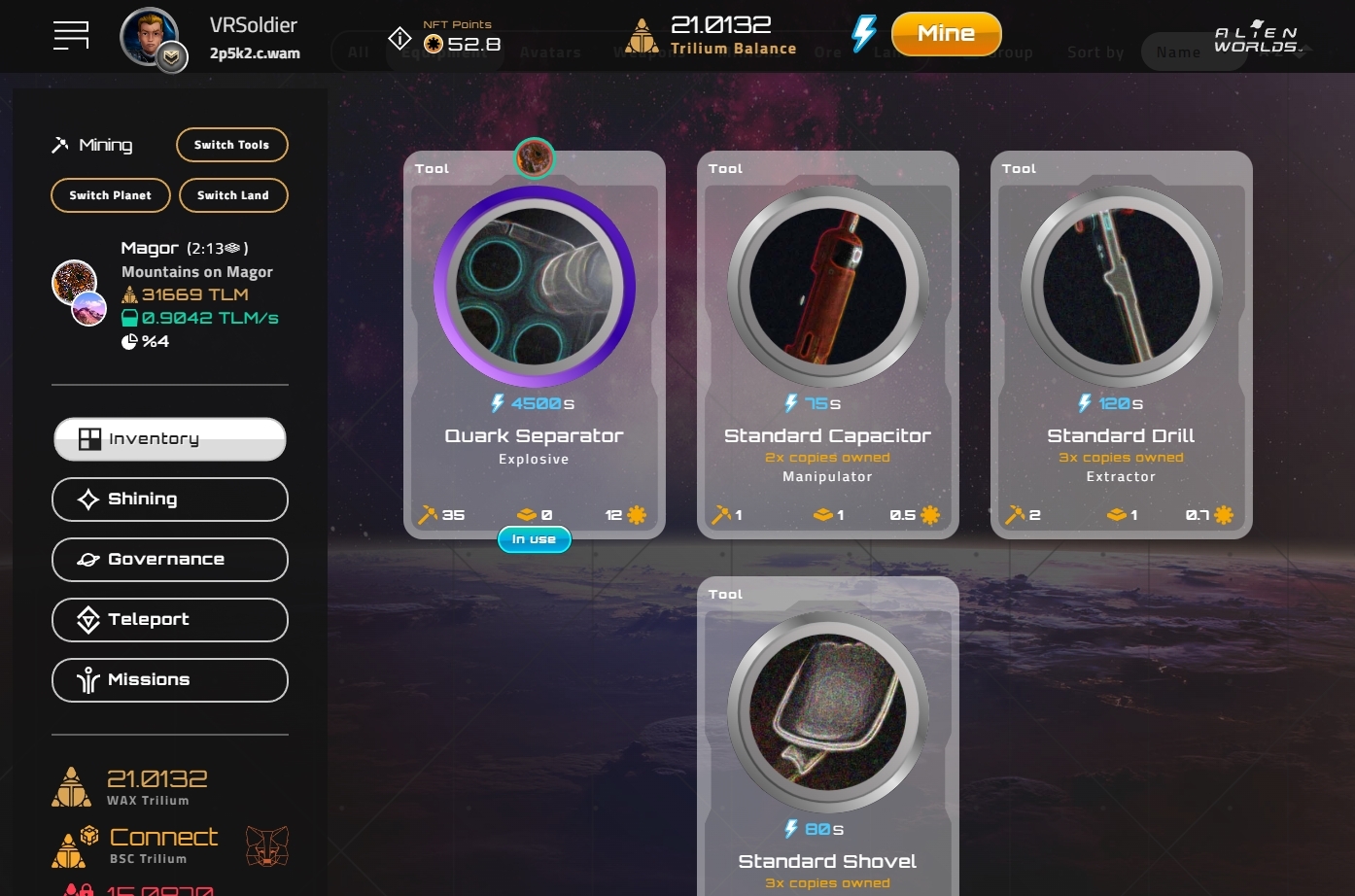 alien worlds (TLM) NFT equipment