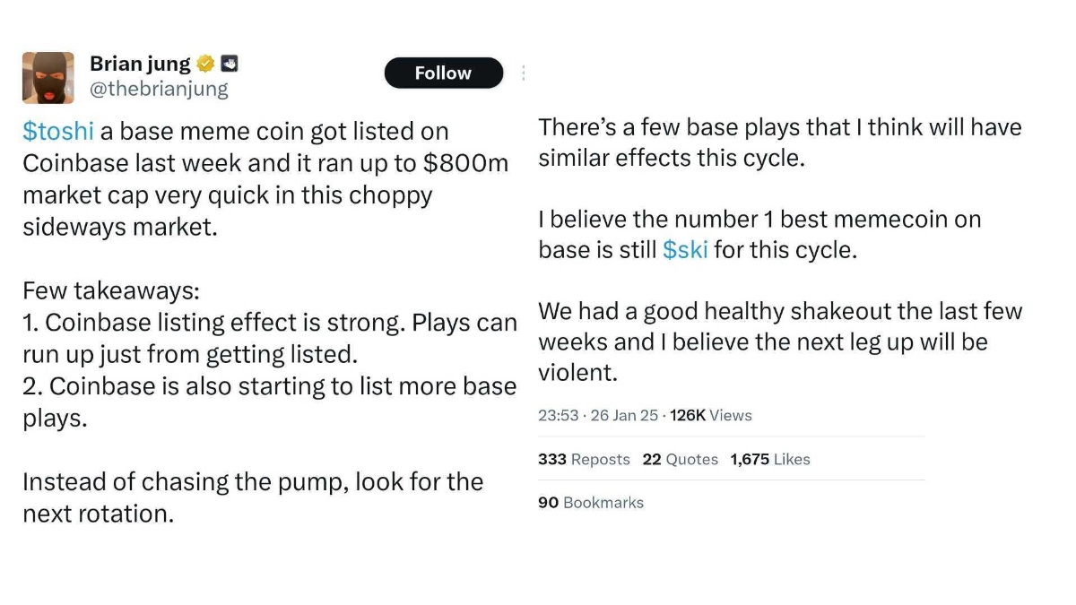 Brian Jung’s X post highlights Toshi’s (TOSHI) rapid market cap surge after its Coinbase listing