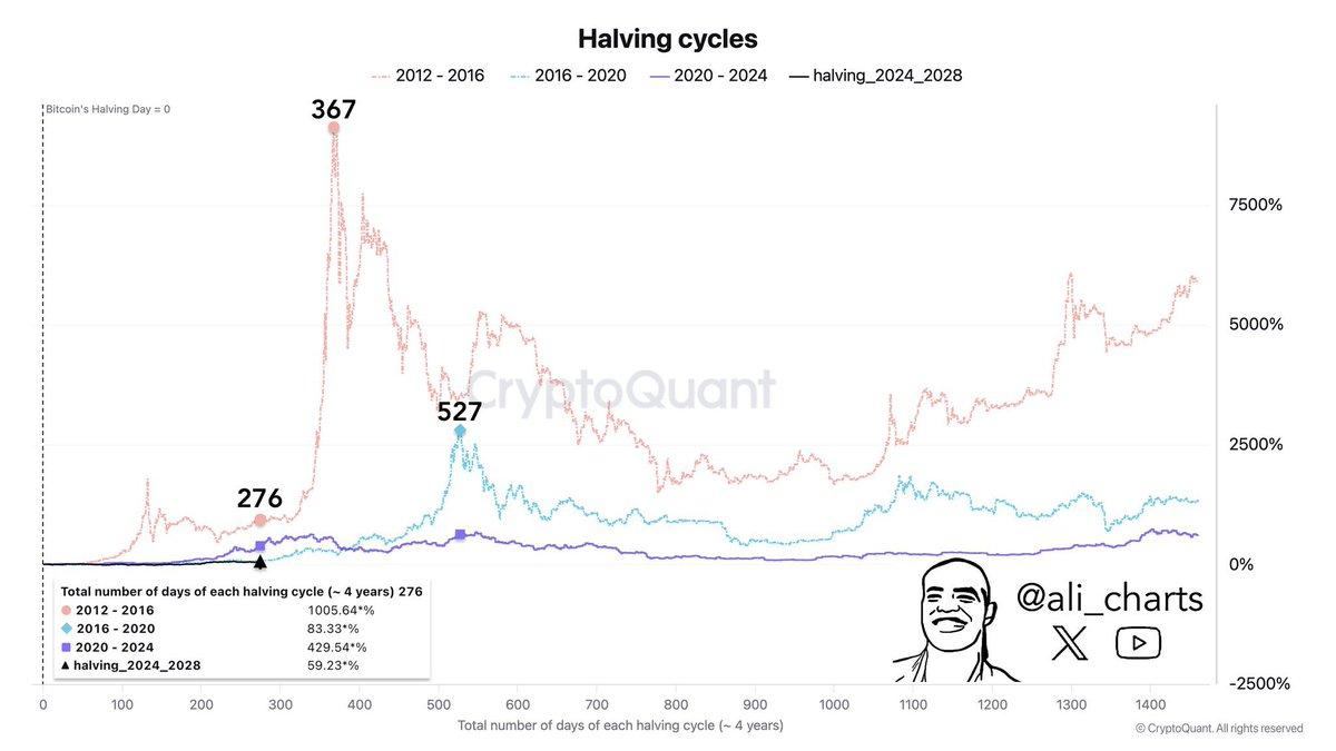 Bitcoin Halving chart from Ali_Charts chart shows 276 days into the cycle, with a 90-day bear market warning