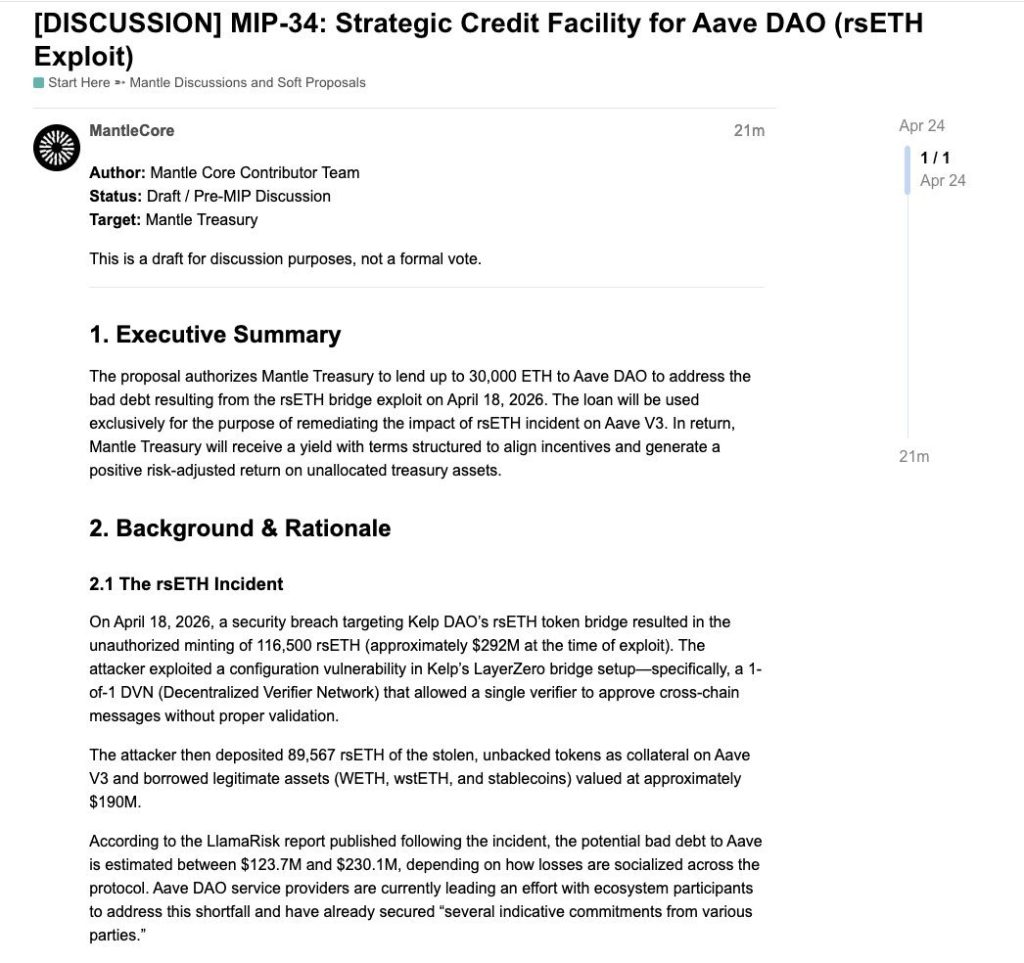 Mantle Proposes 30,000 ETH Loan To Aave DAO As Industry Mobilizes Coordinated Response To RsETH Exploit Fallout